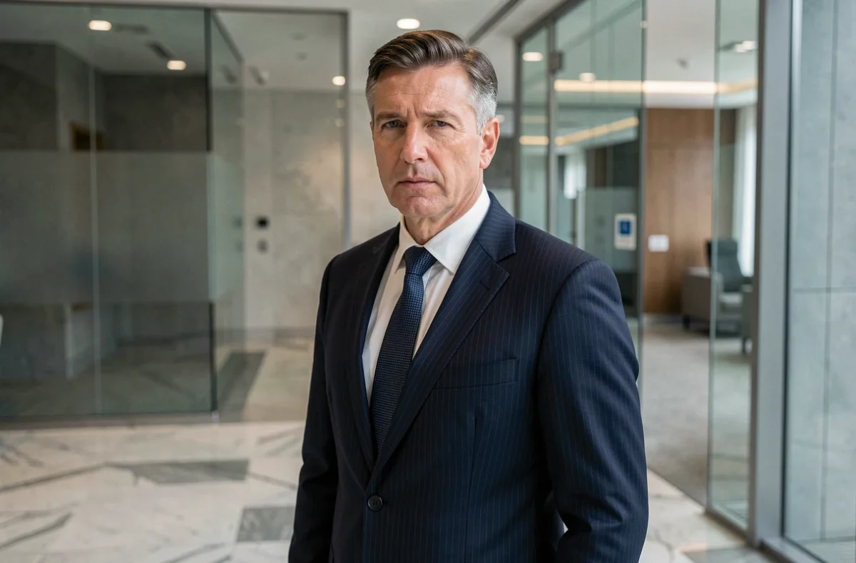 Dirigeant bancaire en costume sombre dans le hall d'une grande banque française, illustrant un départ de direction à La Banque Postale