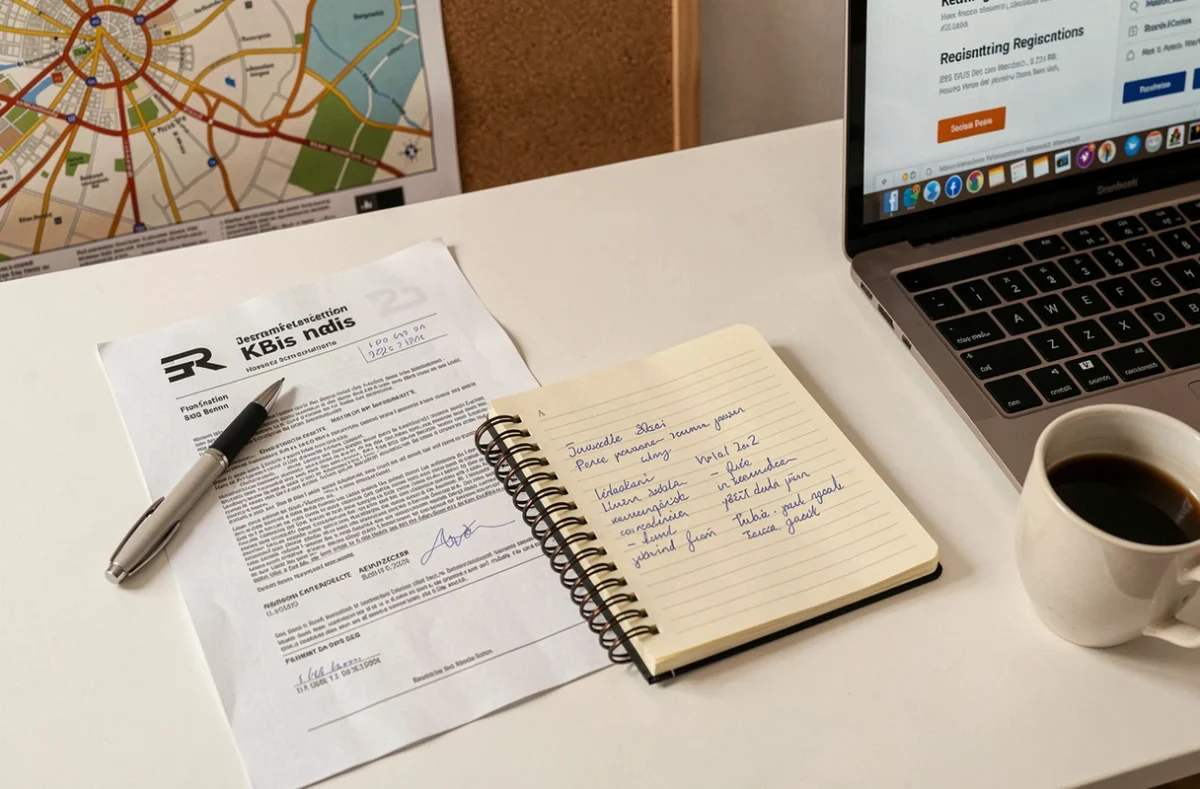 Documents administratifs de domiciliation d'entreprise posés sur un bureau avec adresse à Brest