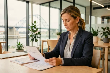 Femme d'affaires consultant des documents de domiciliation d'entreprise dans un espace de coworking à Brest