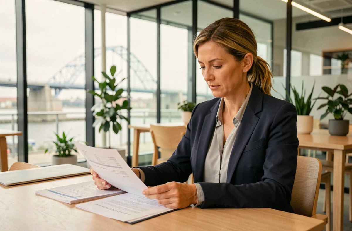 Femme d'affaires consultant des documents de domiciliation d'entreprise dans un espace de coworking à Brest