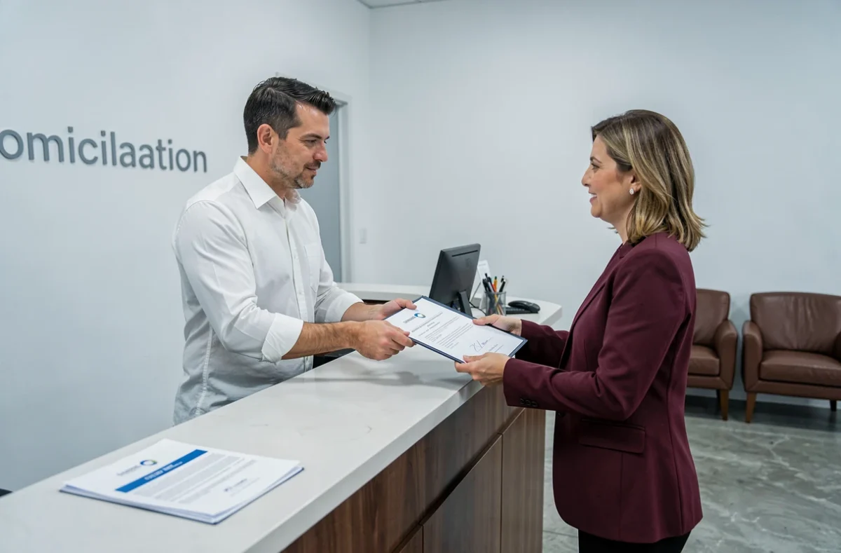 Entrepreneur remettant un dossier de domiciliation à l'accueil d'un centre d'affaires à Brest