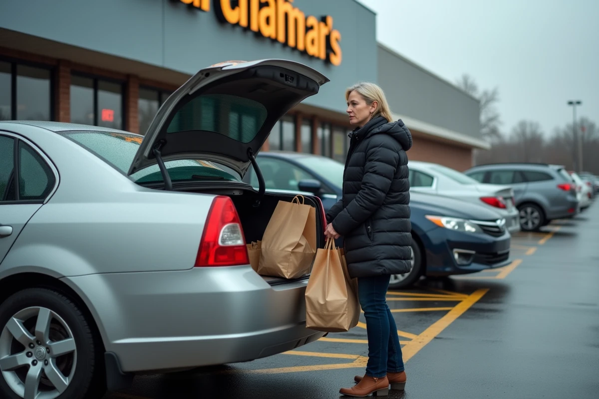 Femme chargeant ses courses dans sa voiture au drive d'un supermarché moderne illustrant l'essor du commerce en ligne