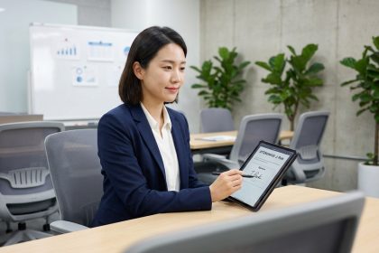 Formatrice signant une feuille d'émargement numérique sur tablette dans une salle de formation moderne