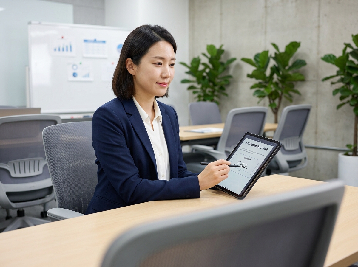 Formatrice signant une feuille d'émargement numérique sur tablette dans une salle de formation moderne