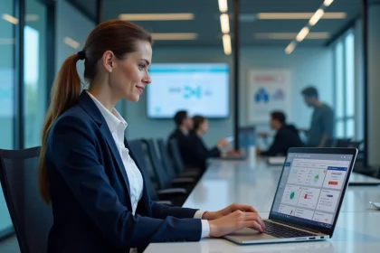 Employée Air France accédant à l'intranet GPnet sur son ordinateur portable dans un bureau moderne