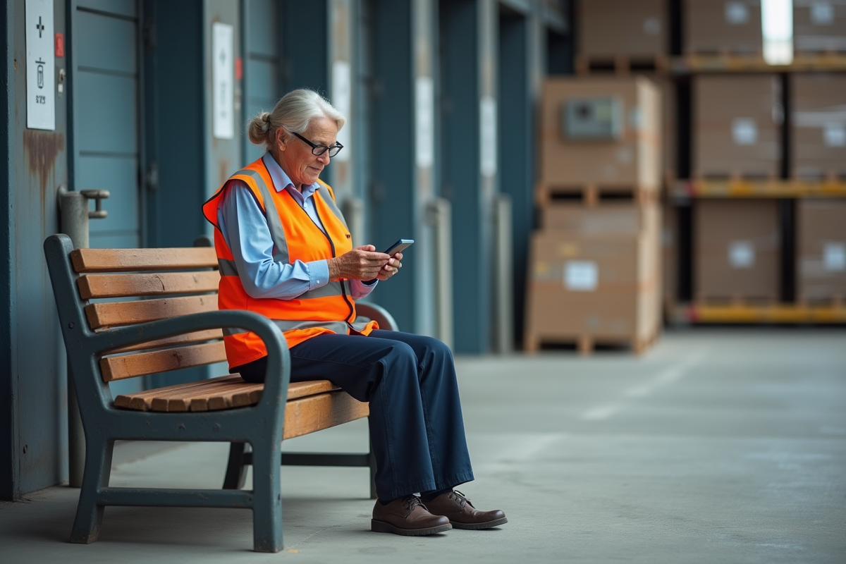 Employe de warehouse prenant une pause en extérieur