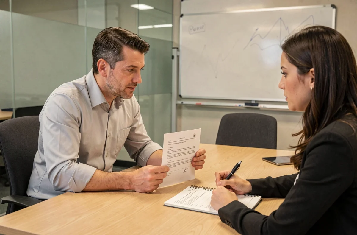 Employé contestant un calcul de congé trimestriel lors d'un entretien avec un responsable RH