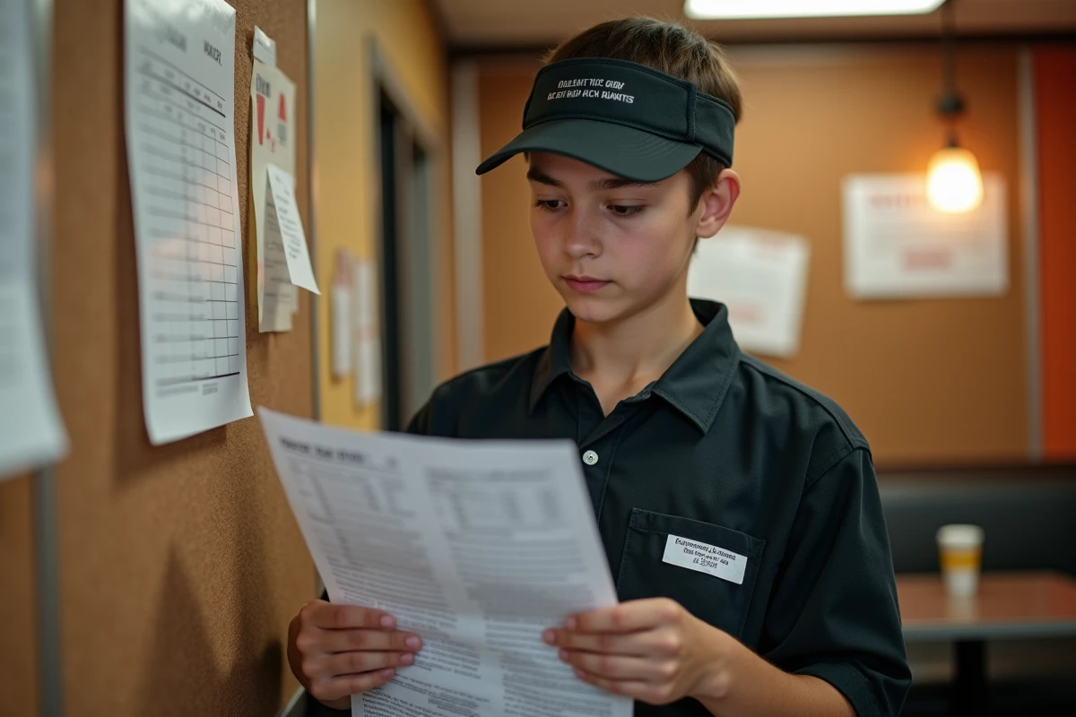 Jeune employé McDonald's consultant une grille horaire et salariale affichée en salle de pause