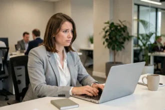 Femme en blazer gris concentrée devant son ordinateur portable dans un open space, illustrant un problème d'accès à l'intranet d'entreprise