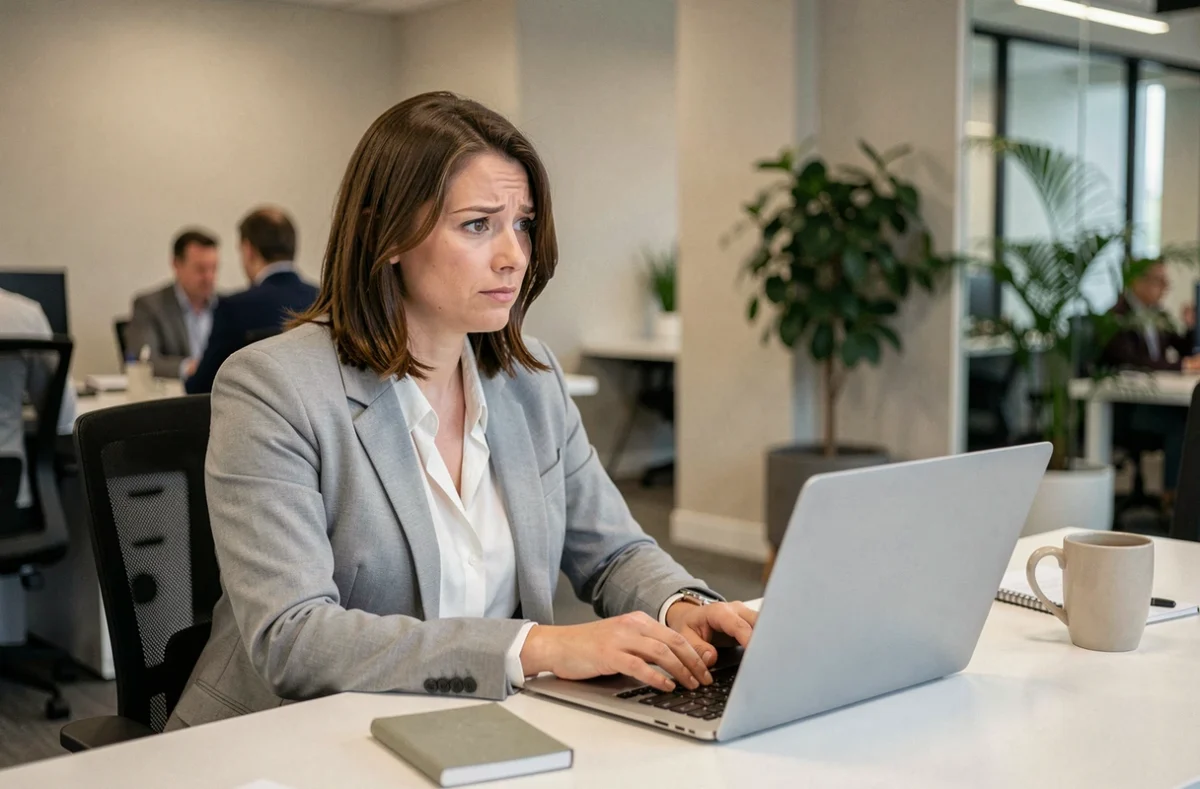 Femme en blazer gris concentrée devant son ordinateur portable dans un open space, illustrant un problème d'accès à l'intranet d'entreprise