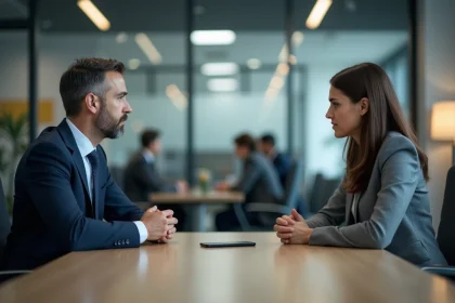 Employeur et salarié lors d'un entretien professionnel tendu avec un smartphone posé sur la table pouvant enregistrer la conversation