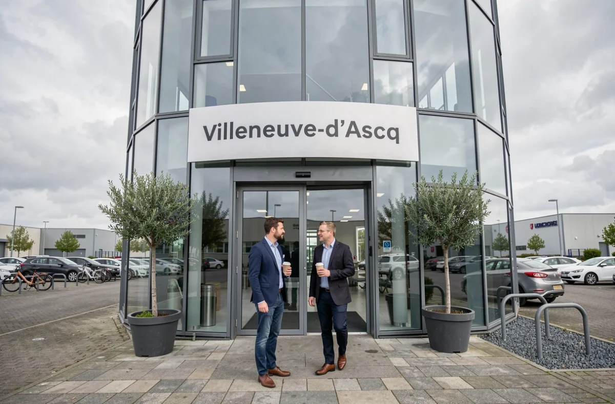 Entrée extérieure d'un bâtiment de coworking moderne près des zones d'activité de Villeneuve-d'Ascq