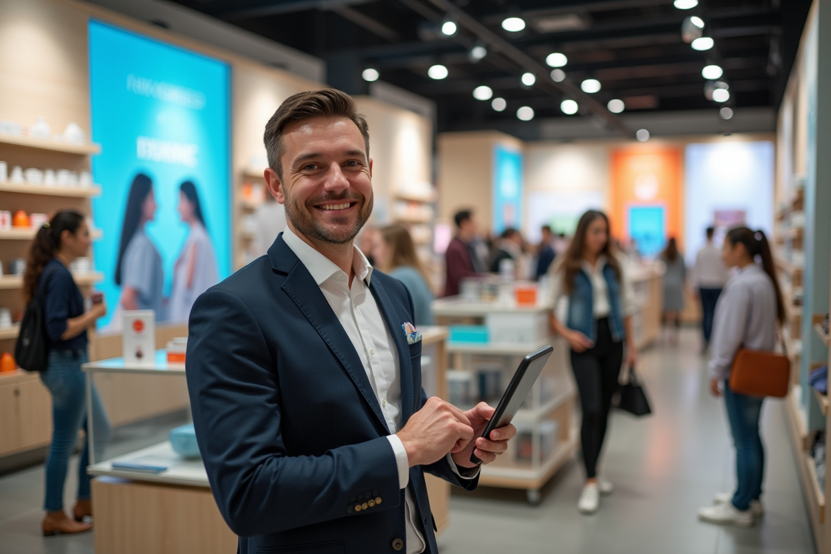 Entrepreneur souriant dans un magasin avec produits et affiches