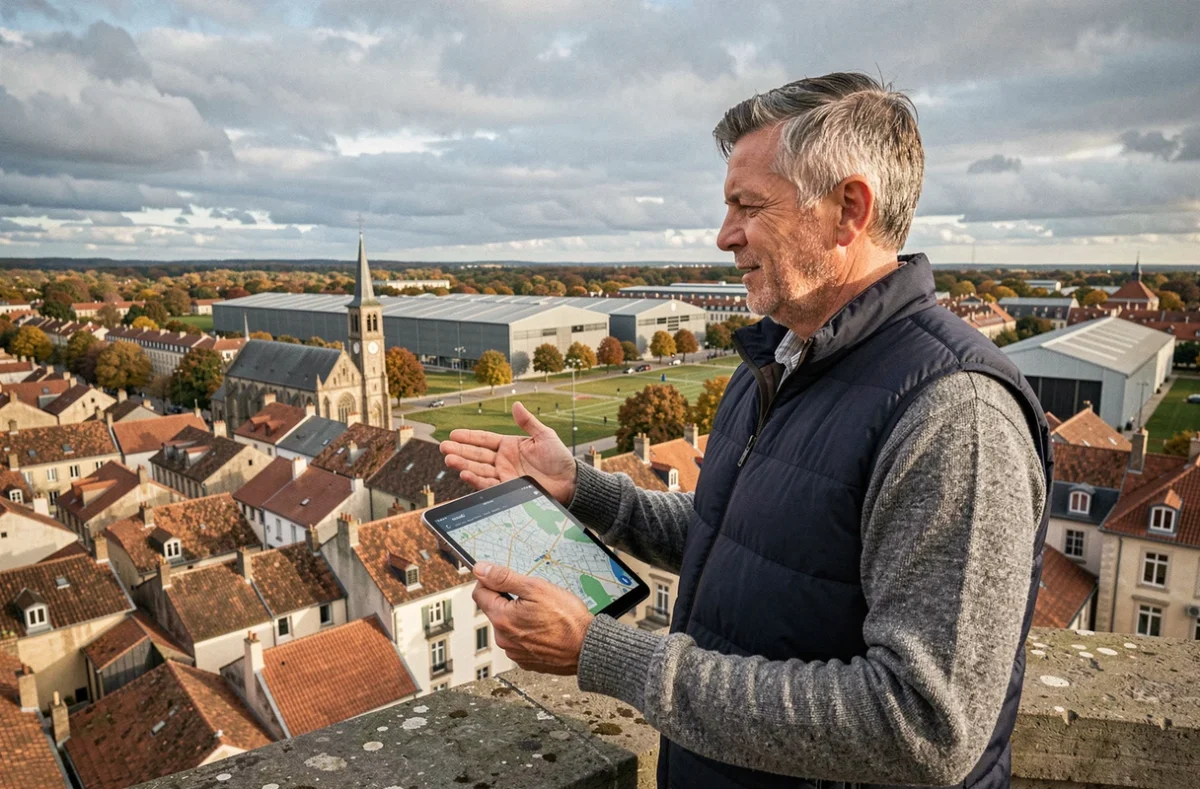 Entrepreneur observant le panorama d'une ville de province française depuis un belvédère, tablette numérique à la main montrant une carte urbaine