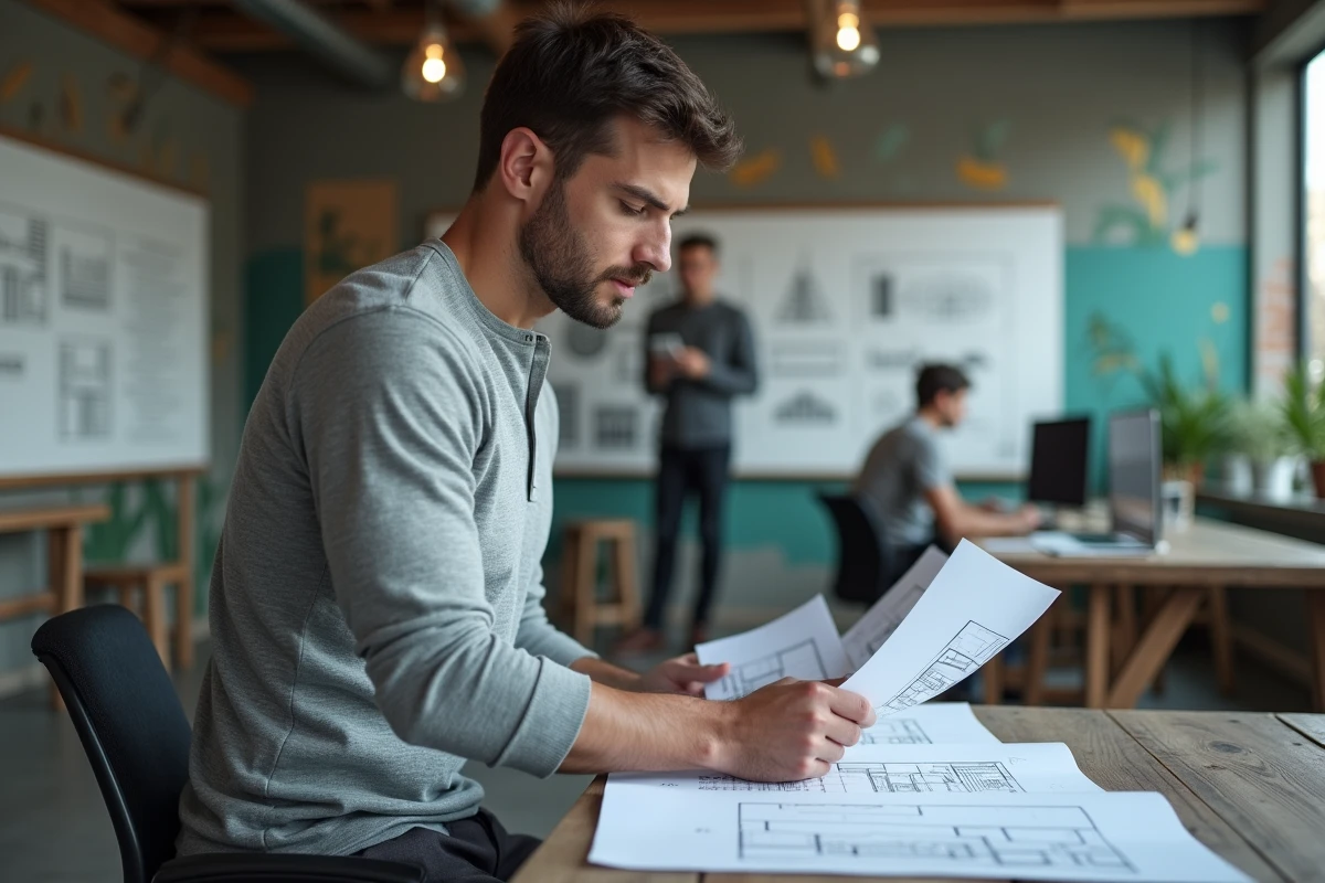 Entrepreneur social concentr&eacute; sur un projet dans un bureau d'entreprise &agrave; mission sociale