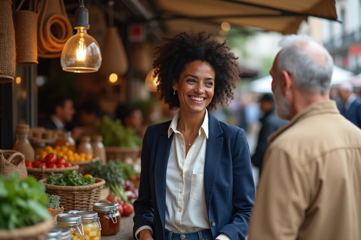 Femme entrepreneuse de l'ESS vendant des produits locaux sur un march&eacute; solidaire urbain