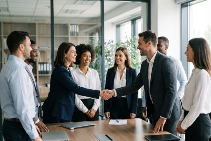 Groupe de professionnels en r&eacute;union d'affaires en train de se serrer la main