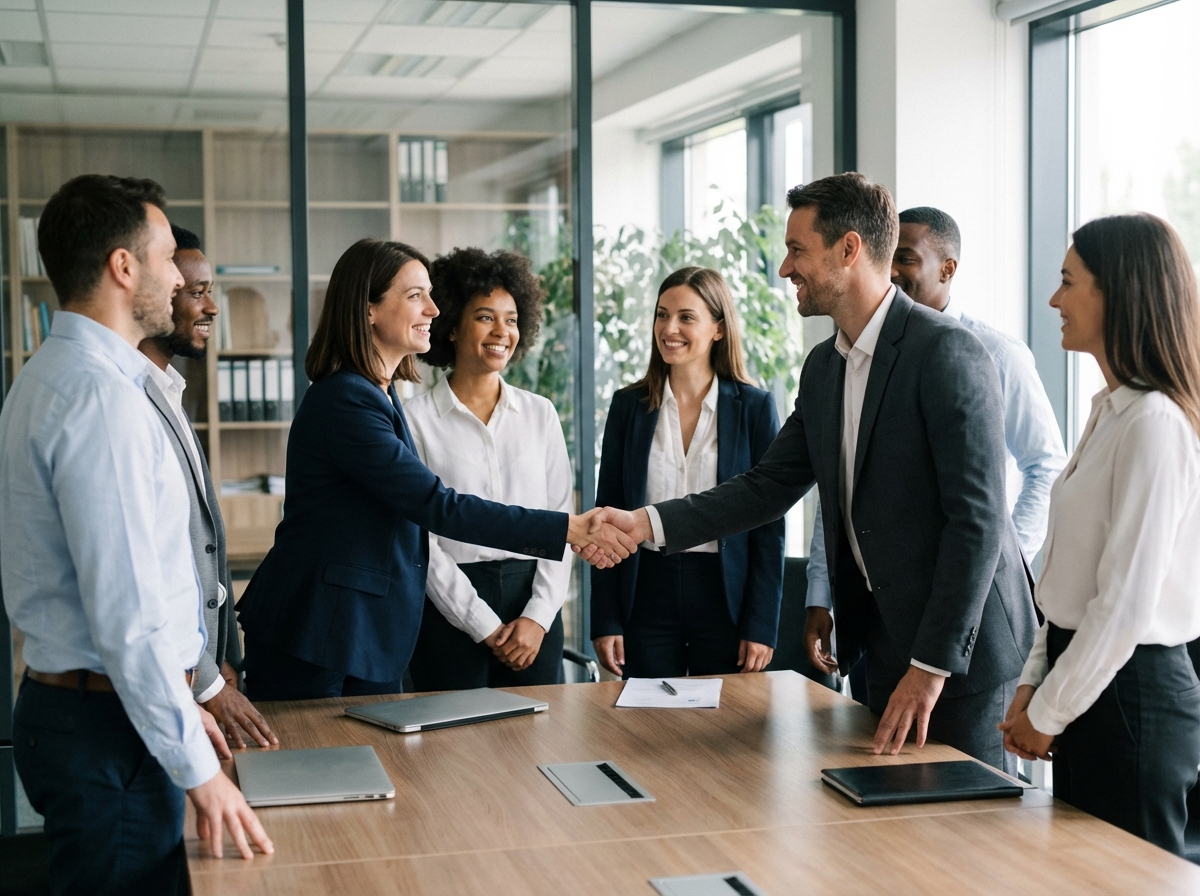 Groupe de professionnels en réunion d'affaires en train de se serrer la main