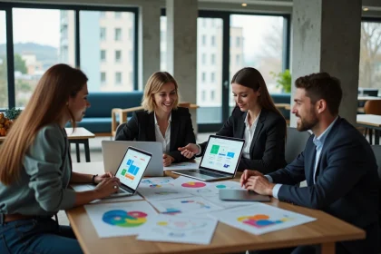 Groupe de professionnels analysant des graphiques num&eacute;riques modernes