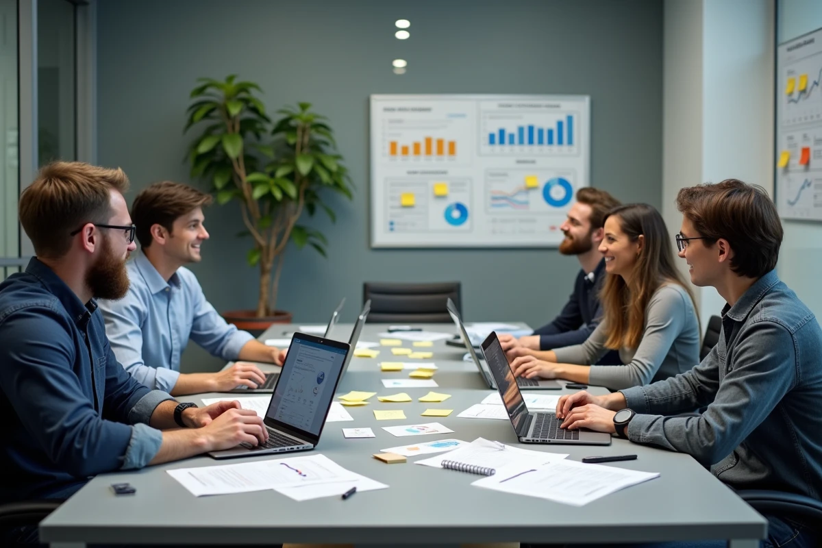 Équipe marketing d'une agence digitale en réunion autour des résultats de campagnes payantes Google Ads et SEO
