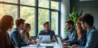 Groupe de jeunes professionnels discutant d'analytique de données