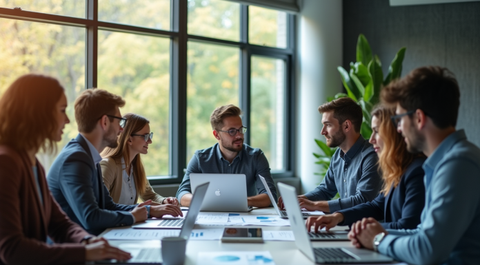 Groupe de jeunes professionnels discutant d'analytique de données