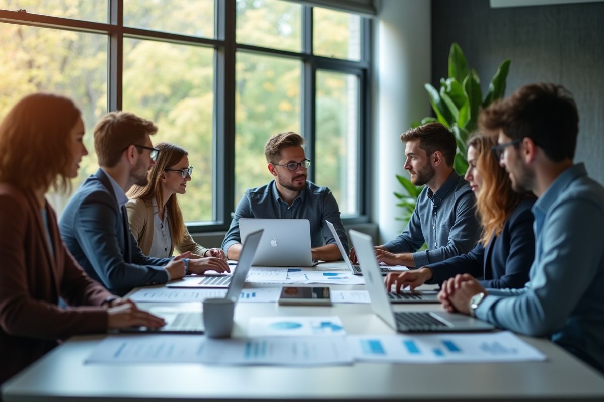 Groupe de jeunes professionnels discutant d'analytique de données
