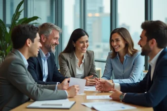 Groupe d'employes souriants lors d'un au revoir en bureau