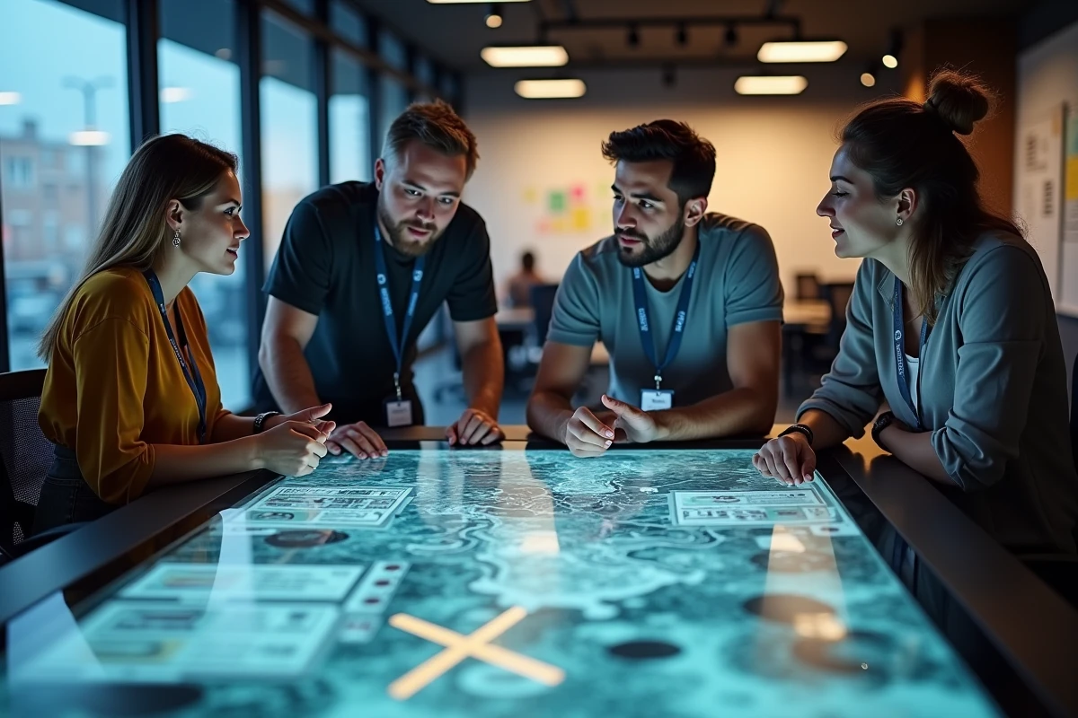 Équipe de développeurs de jeux vidéo en réunion de conception autour d'une table tactile dans un studio moderne, symbolisant la nouvelle direction créative de Halo Studios remplaçant 343 Industries