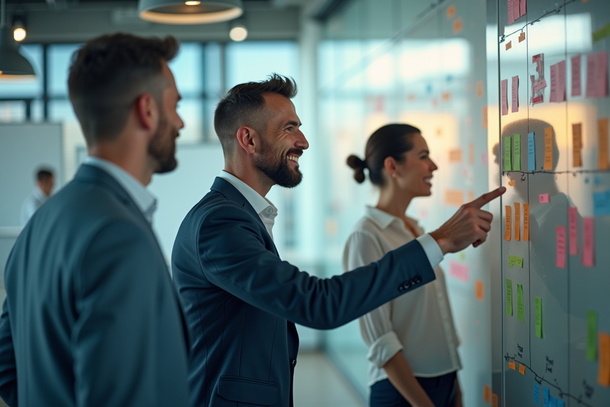 Equipe en discussion devant un mur de notes strategiques colorées