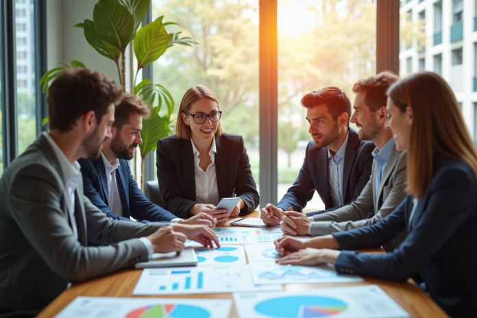 Équipe diversifiée de professionnels en réunion de travail