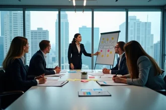 Équipe professionnelle en réunion de crise autour d'une table de conférence avec rapports et plans d'urgence