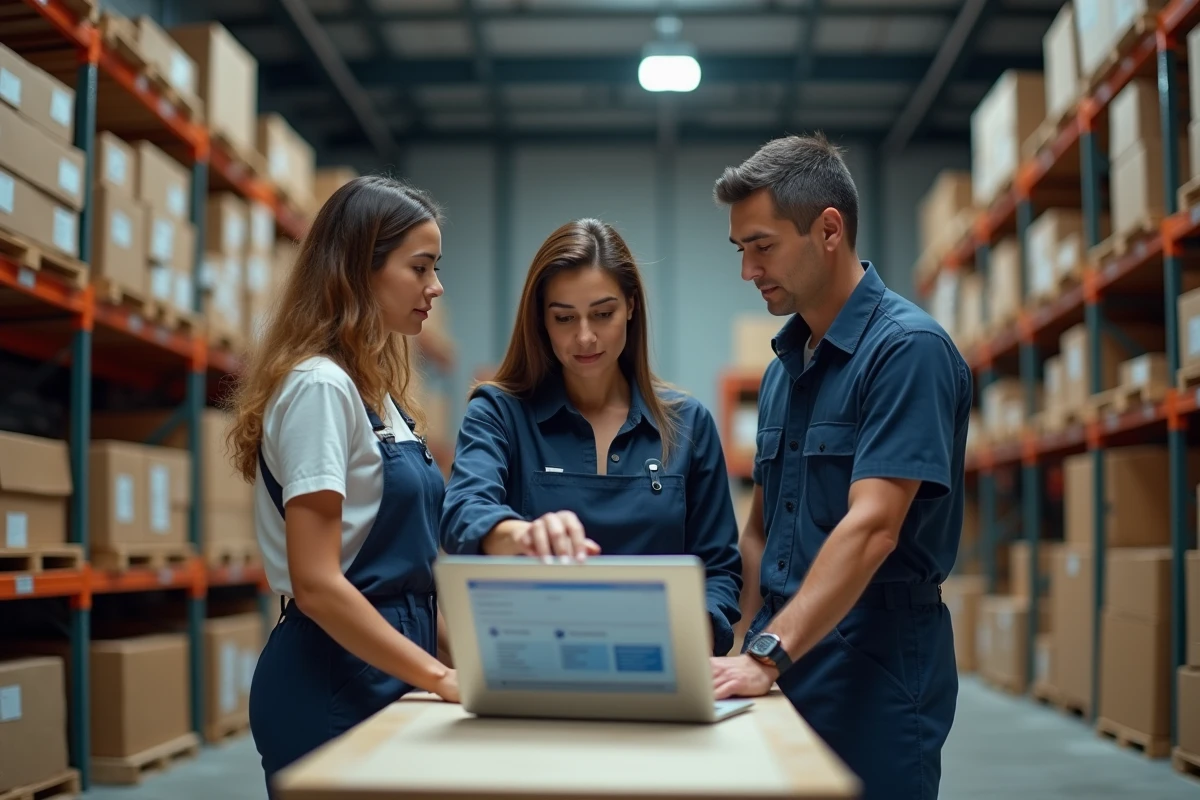Équipe logistique collaborant autour d'un ordinateur pour digitaliser la gestion des avis de passage en entrepôt