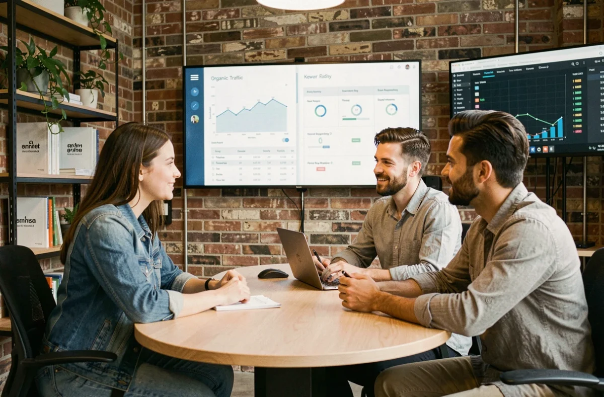 Équipe marketing discutant d'une stratégie SEO et de tunnel de conversion dans un studio de startup