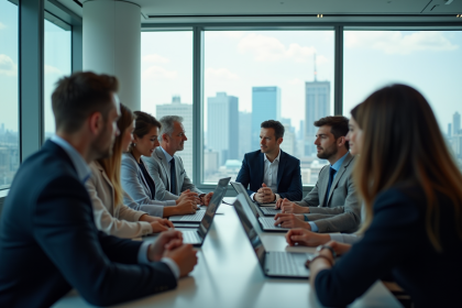 Groupe de professionnels en visioconference dans un bureau moderne