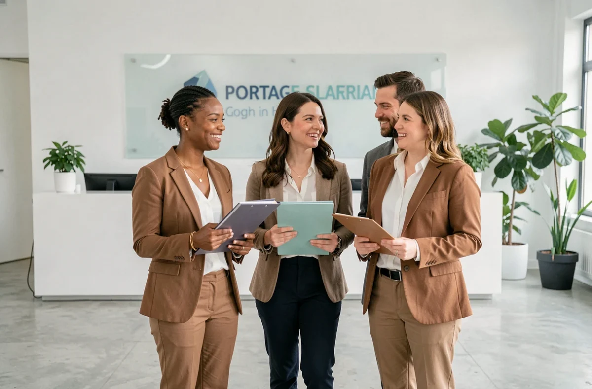 Équipe d'une société de portage salarial accueillant des clients dans un bureau moderne à Avignon