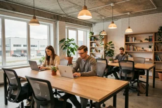 Espace de coworking moderne à Villeneuve-d'Ascq avec professionnels travaillant en open space près des zones d'activité