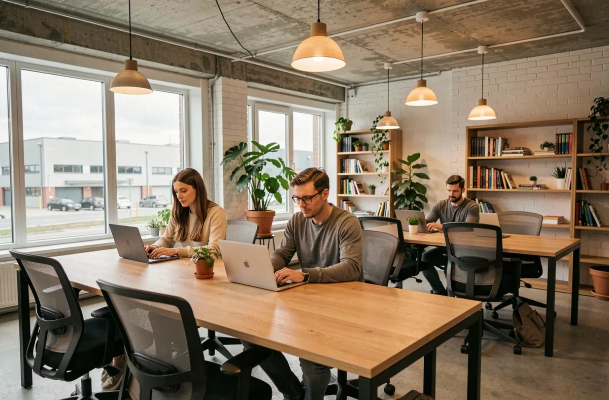 Espace de coworking moderne à Villeneuve-d'Ascq avec professionnels travaillant en open space près des zones d'activité