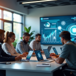 Espace de travail moderne avec équipe et graphiques