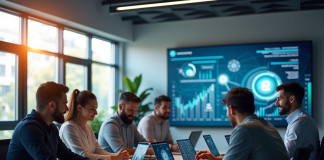 Espace de travail moderne avec équipe et graphiques