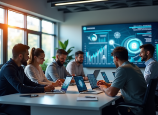Espace de travail moderne avec équipe et graphiques