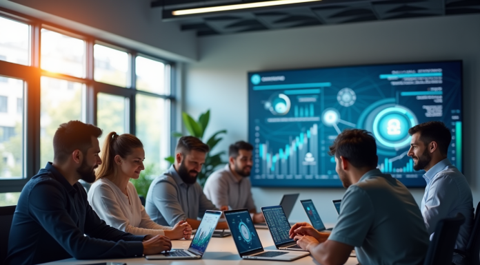 Espace de travail moderne avec équipe et graphiques