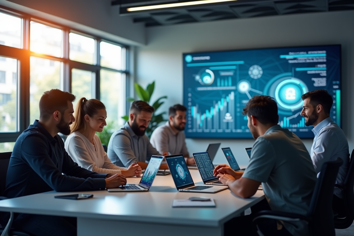 Espace de travail moderne avec équipe et graphiques