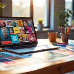 Meilleure application pour créer des affiches publicitaires : comparatif et avis 2025 Espace de travail moderne avec ordinateur et affiches colorées