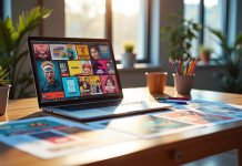 Espace de travail moderne avec ordinateur et affiches colorées