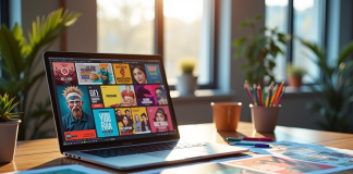 Espace de travail moderne avec ordinateur et affiches colorées