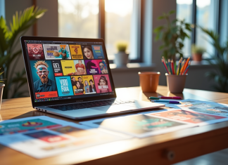 Meilleure application pour créer des affiches publicitaires : comparatif et avis 2025 Espace de travail moderne avec ordinateur et affiches colorées