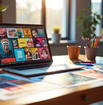Espace de travail moderne avec ordinateur et affiches colorées