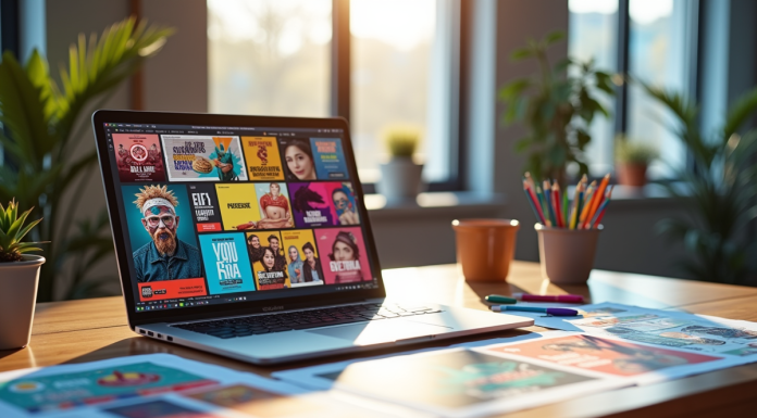 Espace de travail moderne avec ordinateur et affiches colorées