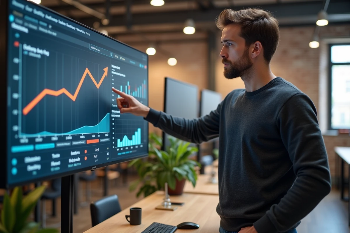 Expert en référencement présentant les résultats SEO et la croissance du trafic organique d'une agence digitale sur un écran mural